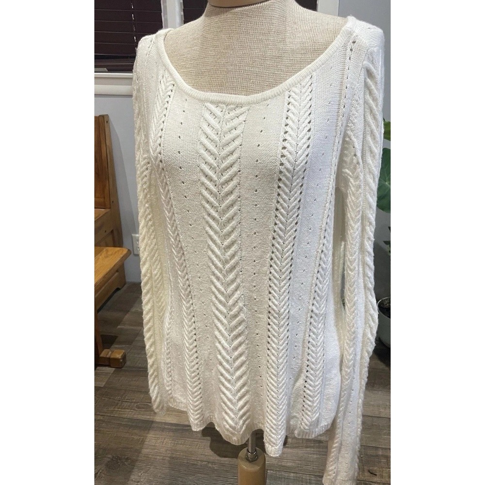 White House Black Market White Cotten Cashmere Pointelle Cable Pullover Sweater
